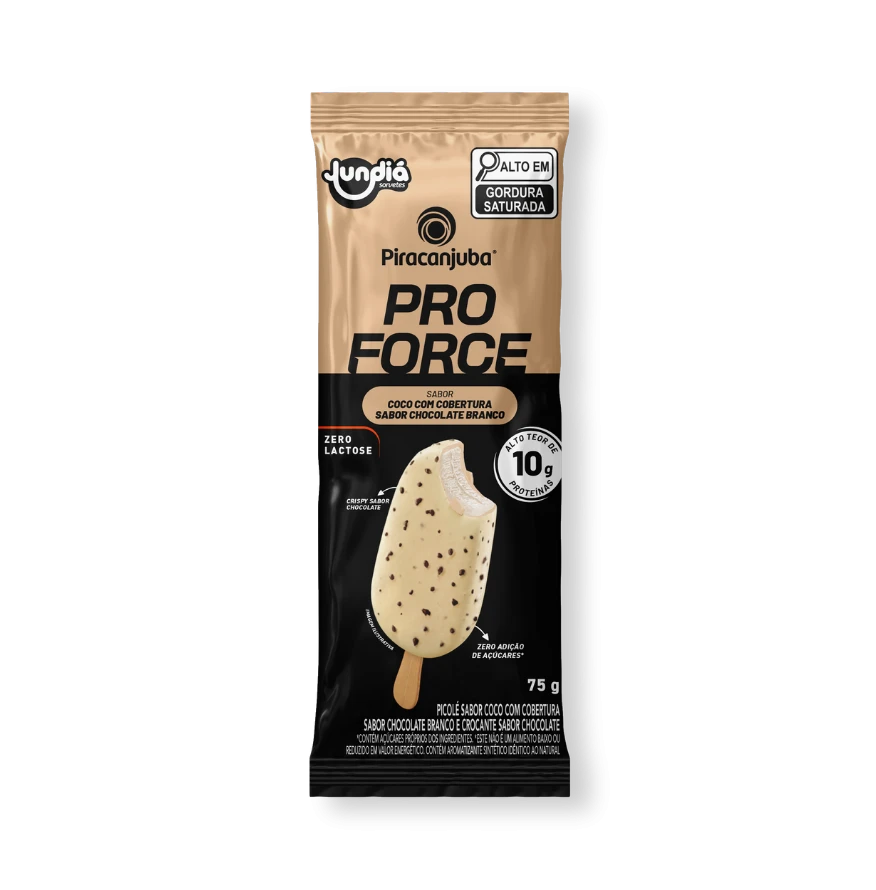 Picolé ProForce Coco com cobertura de chocolate branco e crispy de chocolate - Piracanjuba